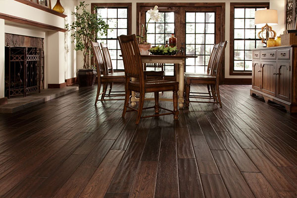 dark brown laminate flooring in a dining room