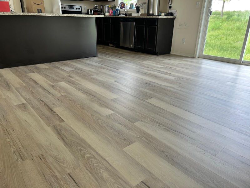 light grey modern hardwood flooring in a kitch